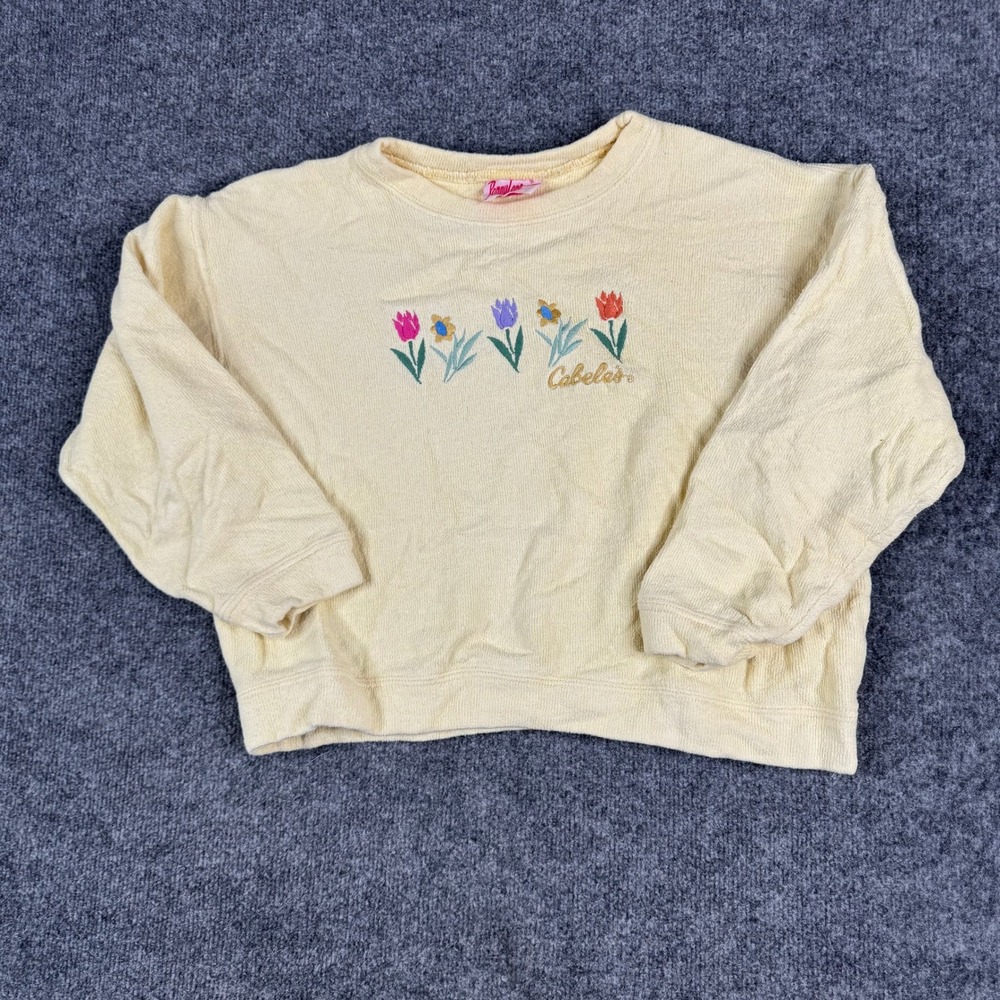 Penny Lane Sweatshirt Womens Size M Yellow Cabelas Floral Tulip Embroidered Crew